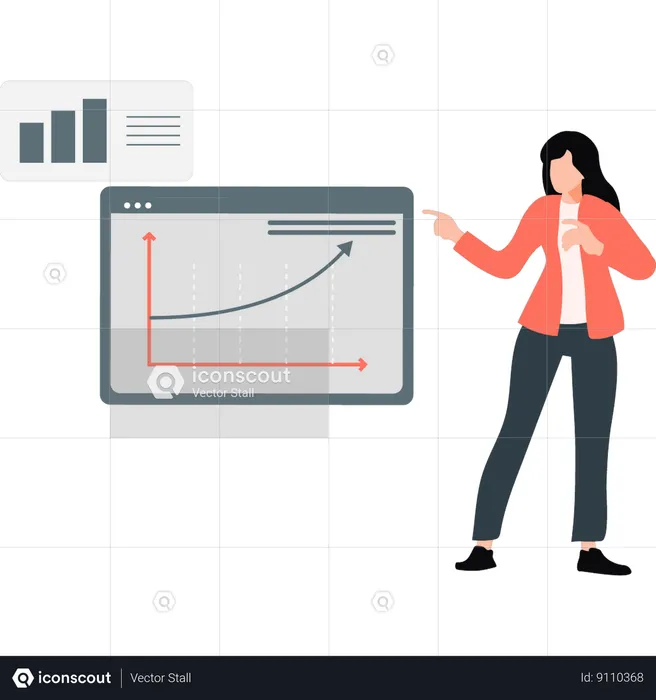 Girl explaining about line graph on web page  Illustration