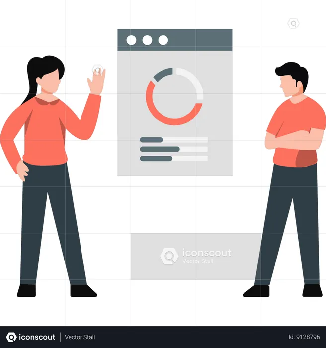 Girl explaining about pie graph on web page  Illustration