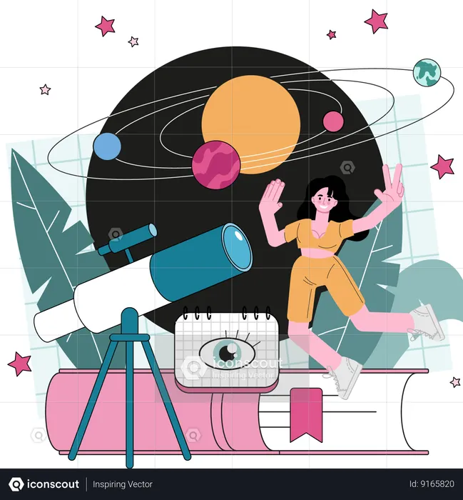 Girl exploring solar system  Illustration