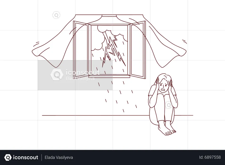 Girl fearing from lightning strike during rainfall  Illustration