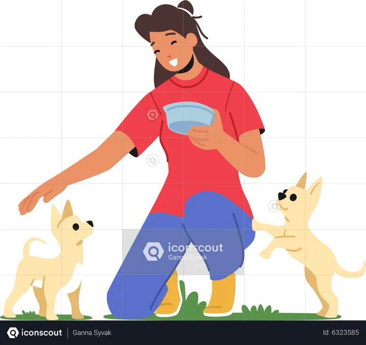 Girl feeding dog in animal shelter  Illustration