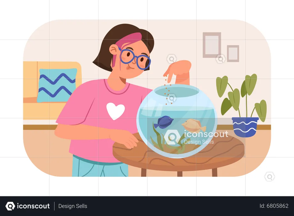 Girl feeding fish  Illustration