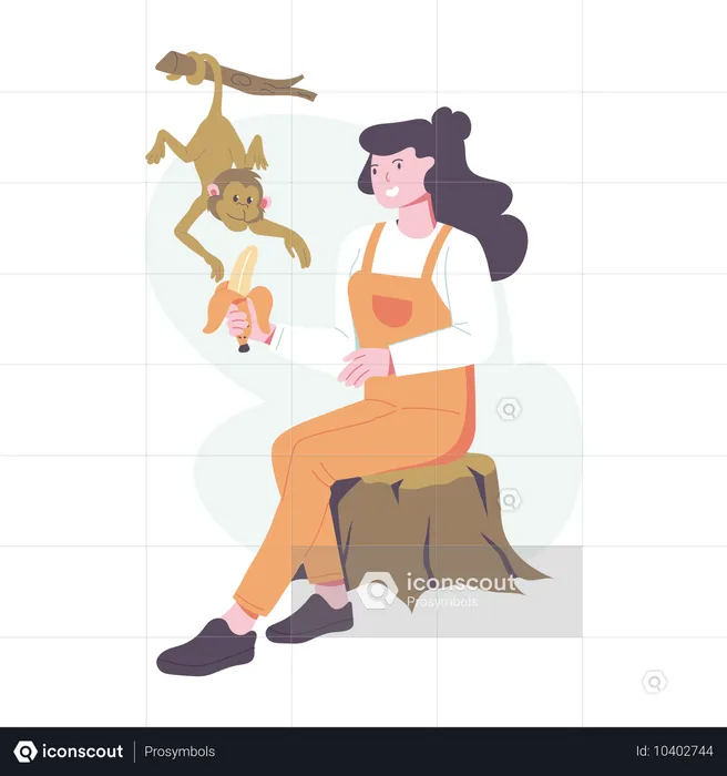 Girl Feeding Monkey  Illustration