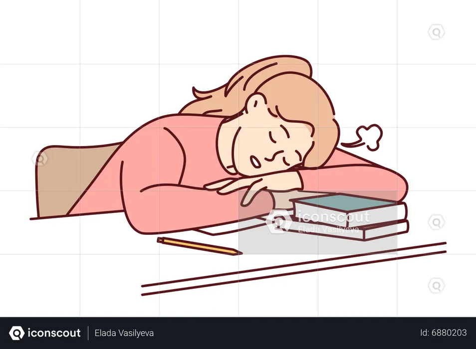 Girl feel asleep while learning  Illustration