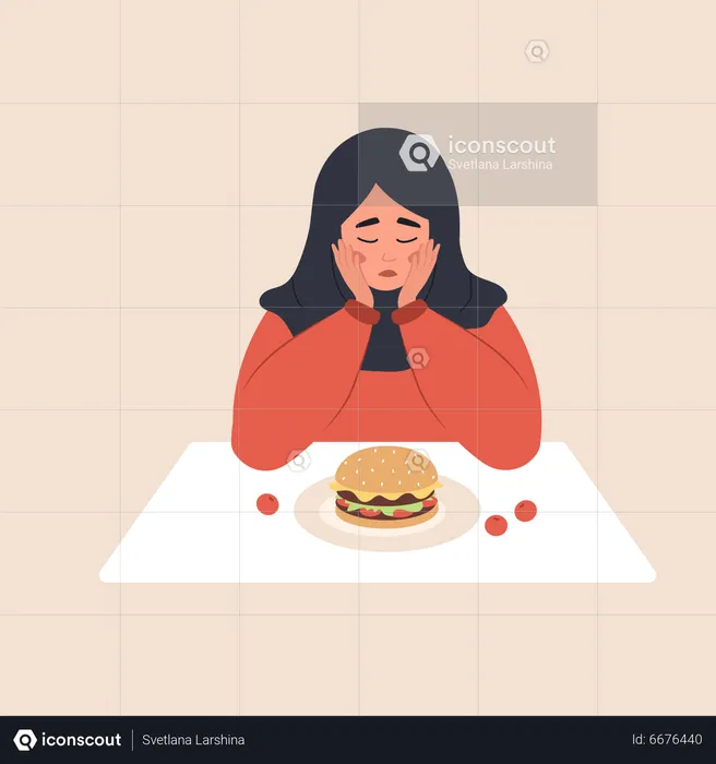 Girl feeling guilty for eating fast food  Illustration