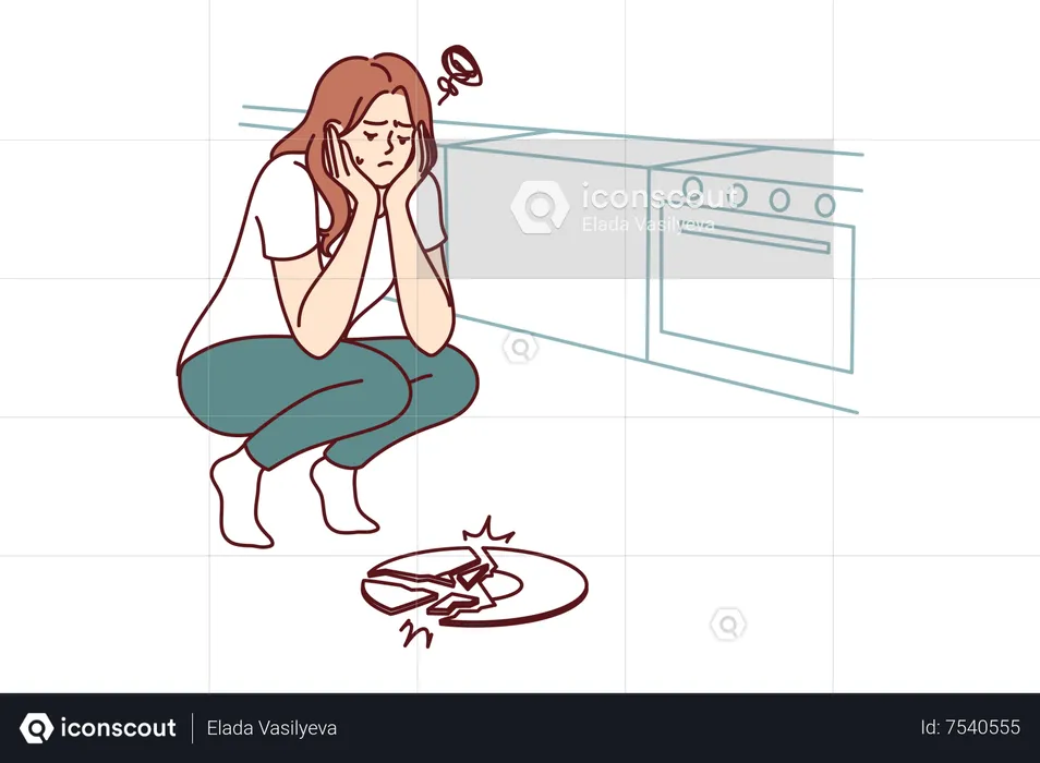 Girl feeling sad for broken plate  Illustration