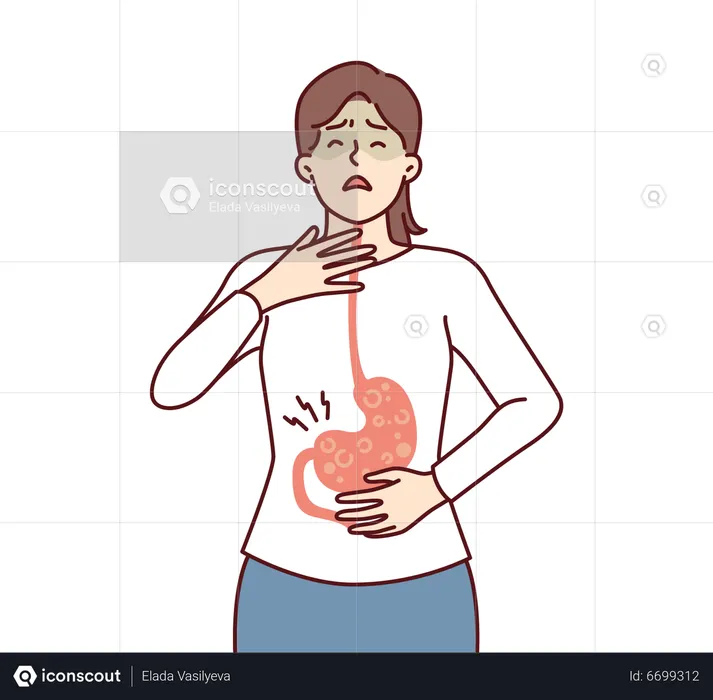 Girl feeling strong acidity inside stomach  Illustration