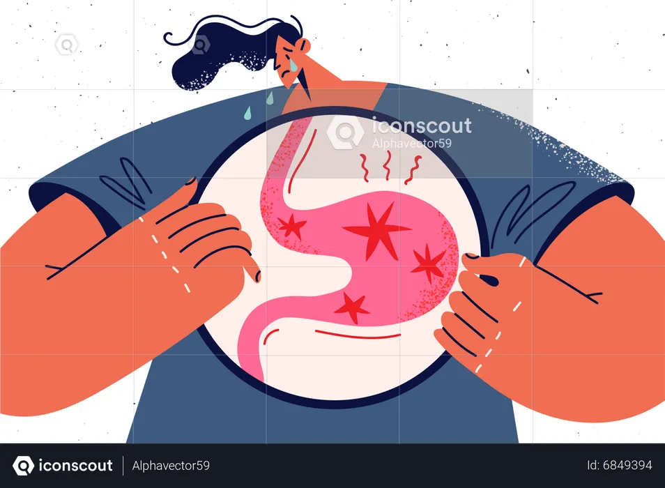 Girl feeling strong acidity inside stomach  Illustration