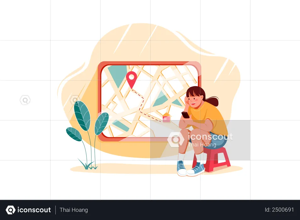 Girl finding location on map  Illustration