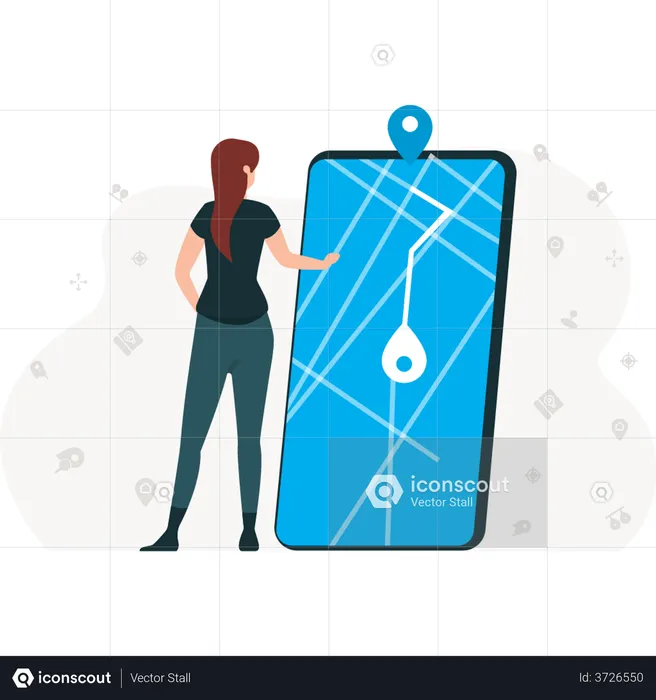 Girl finding location through smartphone app  Illustration