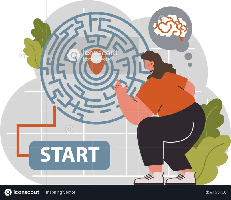 Girl finding way thought maze  Illustration