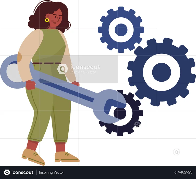 Girl fixing gear using spanner  Illustration