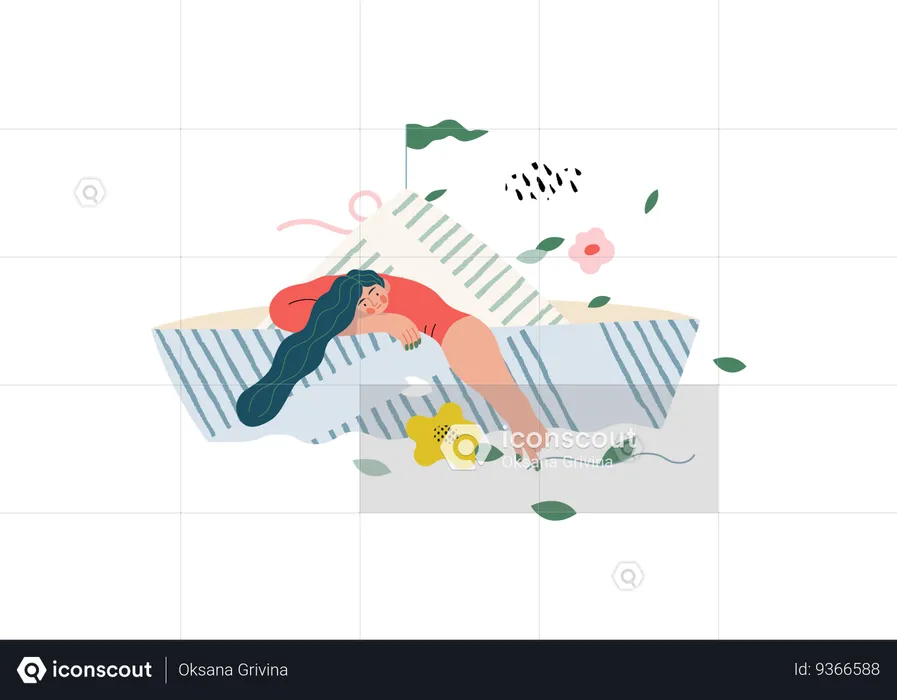 Girl floating in paper boat  Illustration