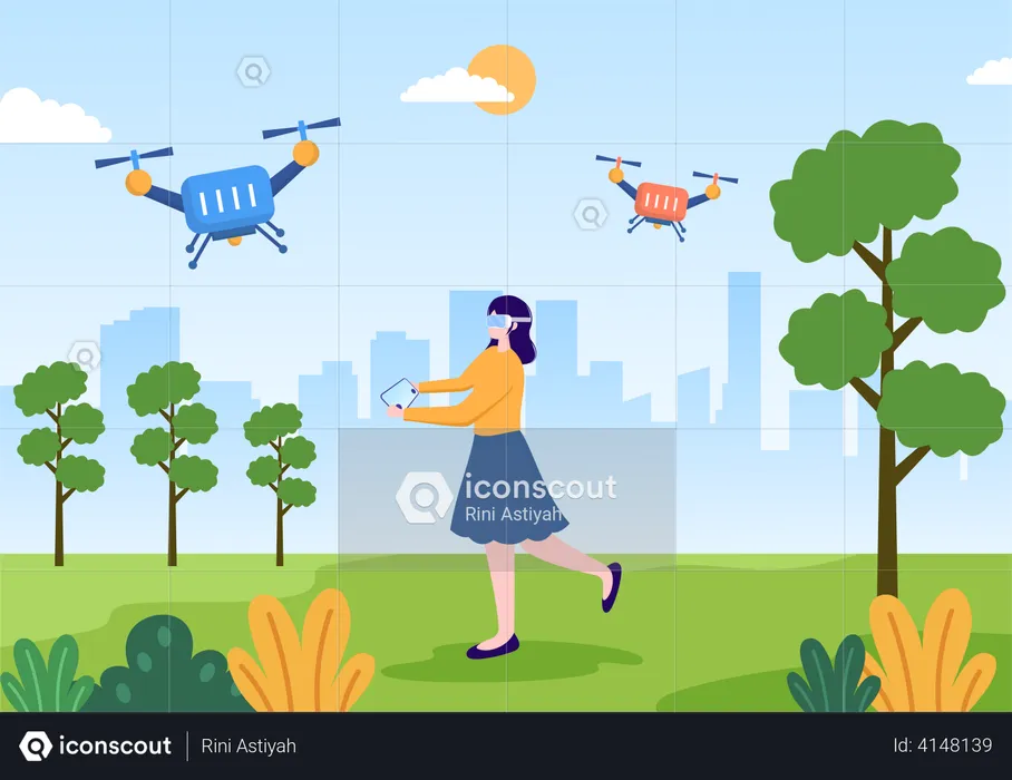 Girl flying drone in park  Illustration
