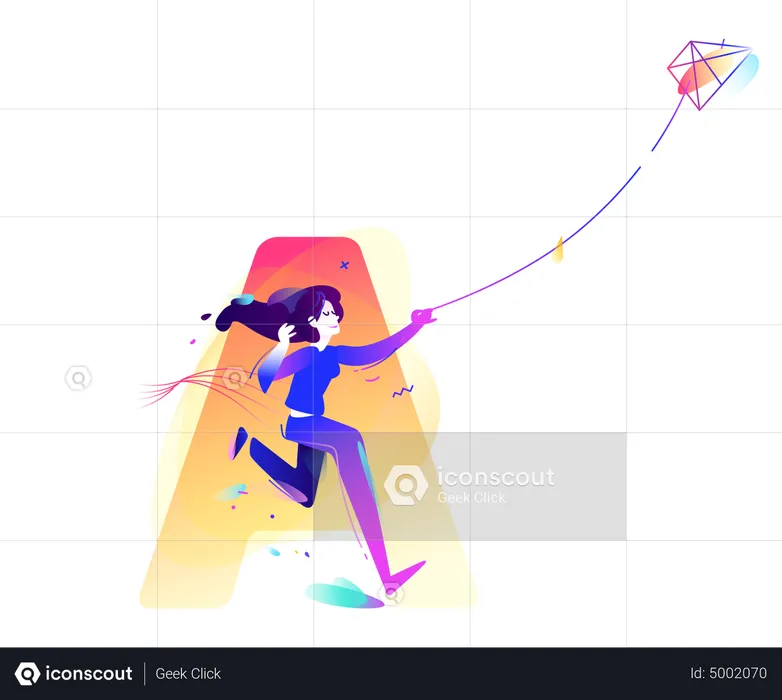 Girl Flying Kite  Illustration