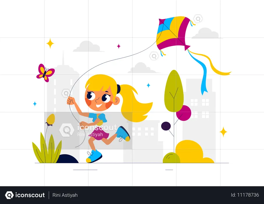 Girl flying kite in park  Illustration