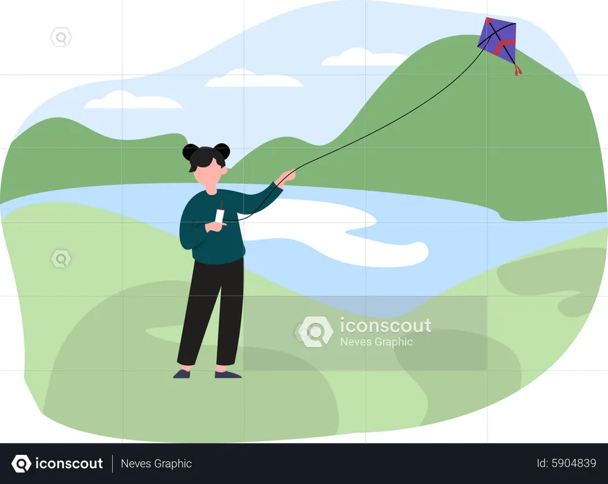 Girl flying kite near lake  Illustration