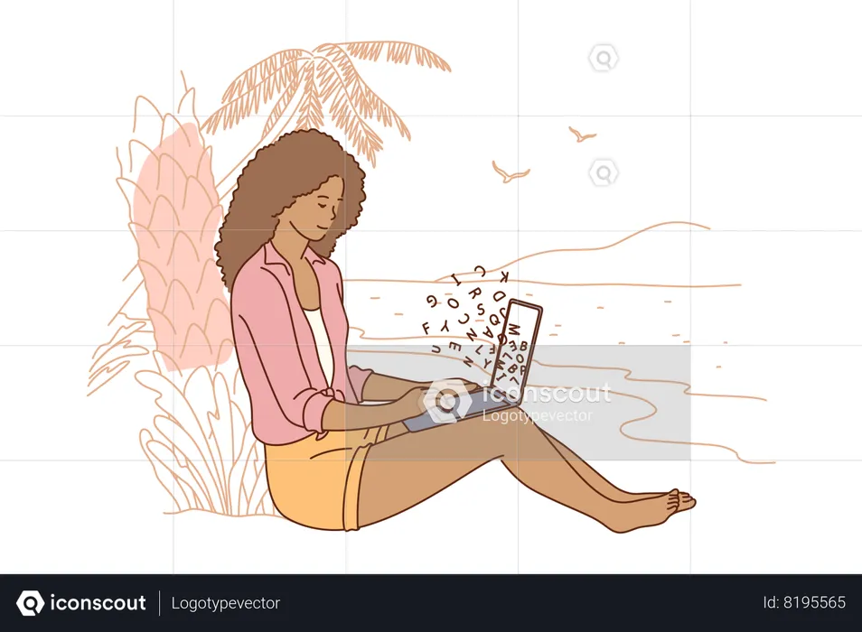 Girl freelancer sitting on coast beach working laptop  Illustration