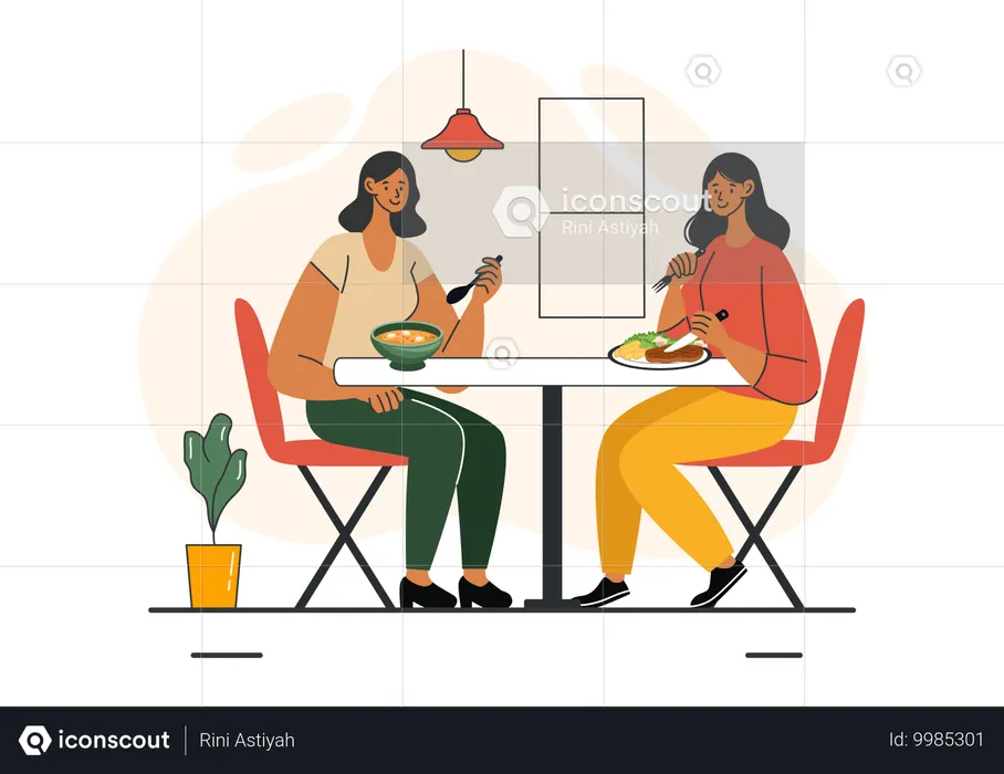 Girl friends enjoying food at home  Illustration