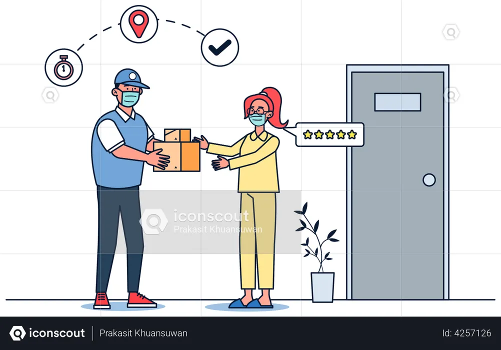 Girl getting delivery and giving delivery ratings  Illustration