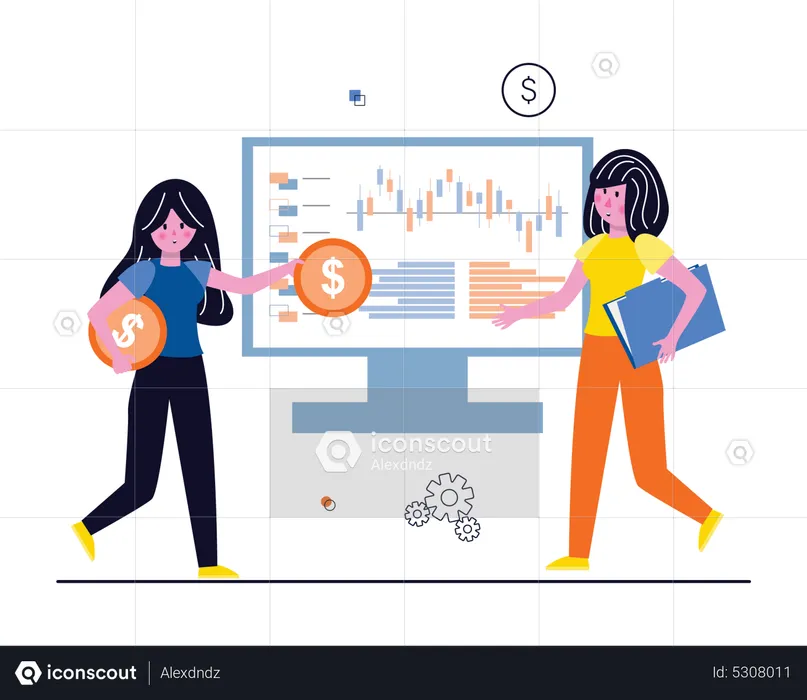Girl getting profit from stock market investment  Illustration