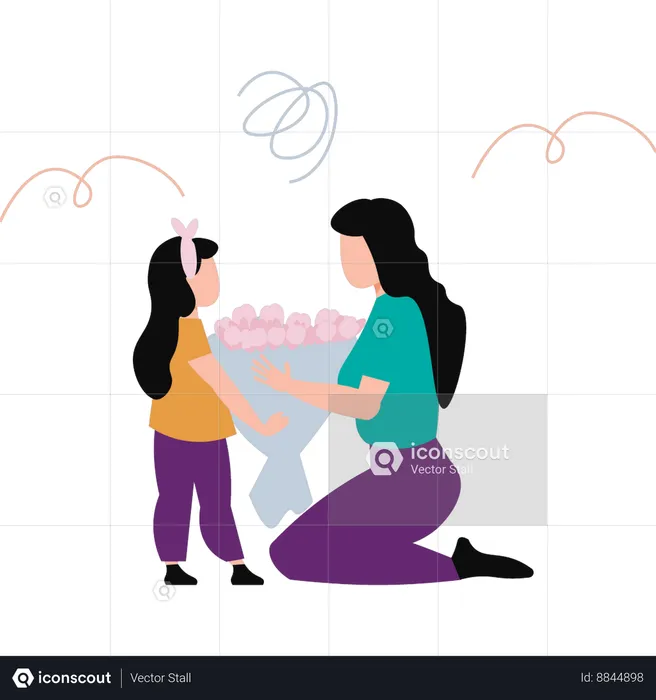 Girl giving bouquet to mother  Illustration