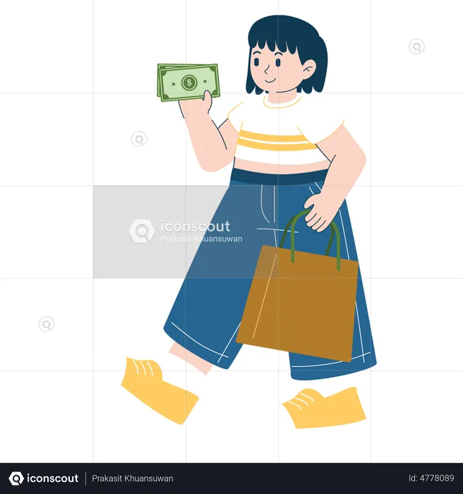 Girl giving cash and holding shopping  Illustration