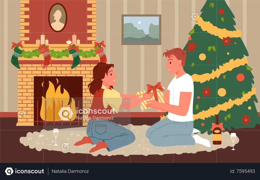 Girl giving christmas gift to man  Illustration