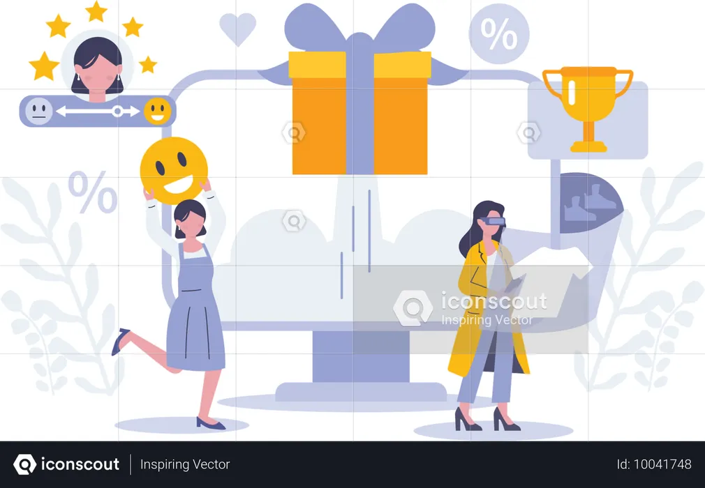 Girl giving five rating with marketing rewards  Illustration