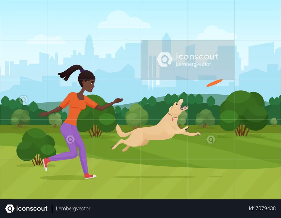 Girl giving flying dish training to dog  Illustration