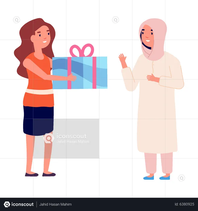 Girl giving gift to muslim friend  Illustration