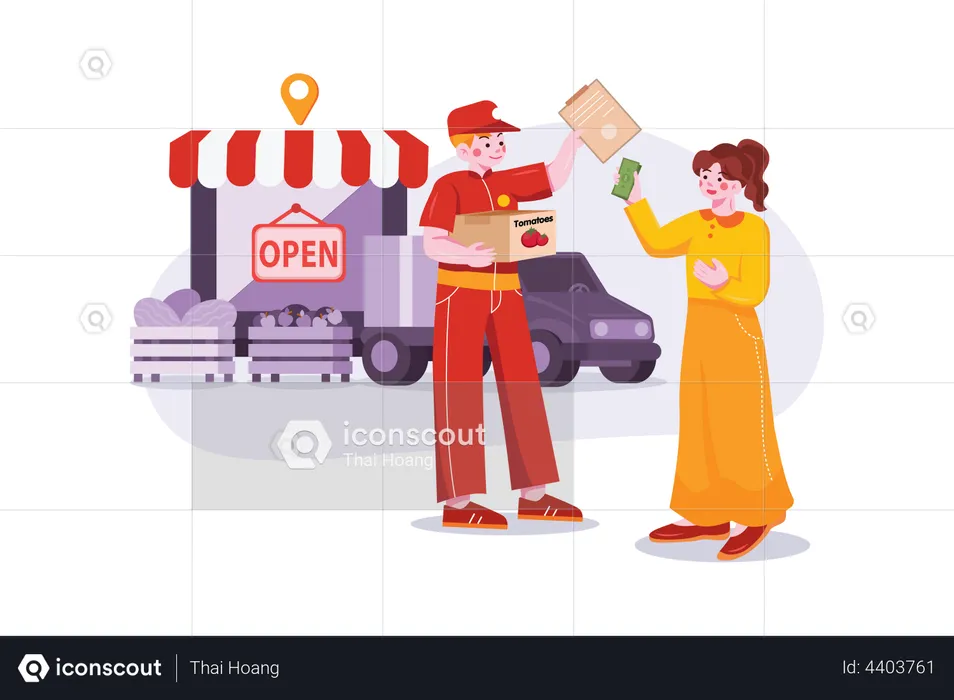 Girl giving money to delivery boy for online grocery delivery  Illustration