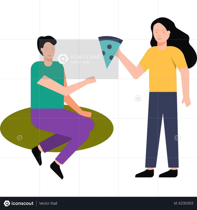 Girl giving pizza slice to boy  Illustration