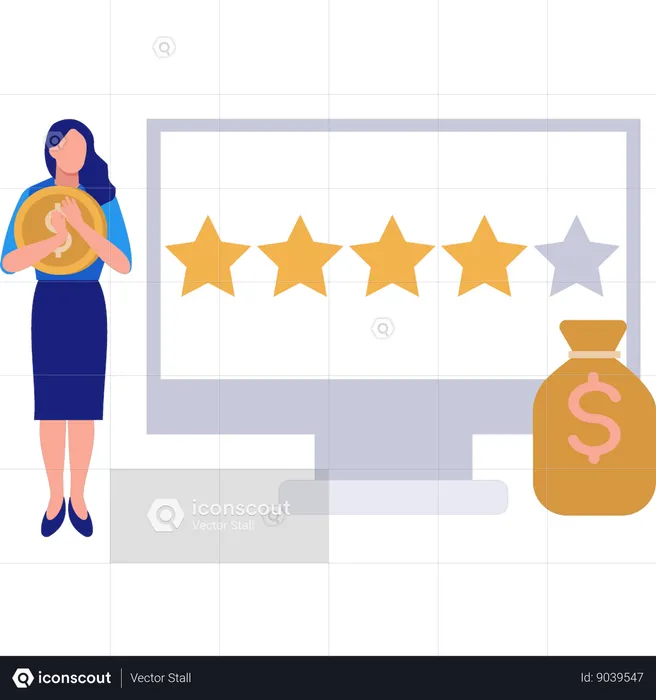 Girl Giving Star Rating On Monitor  Illustration