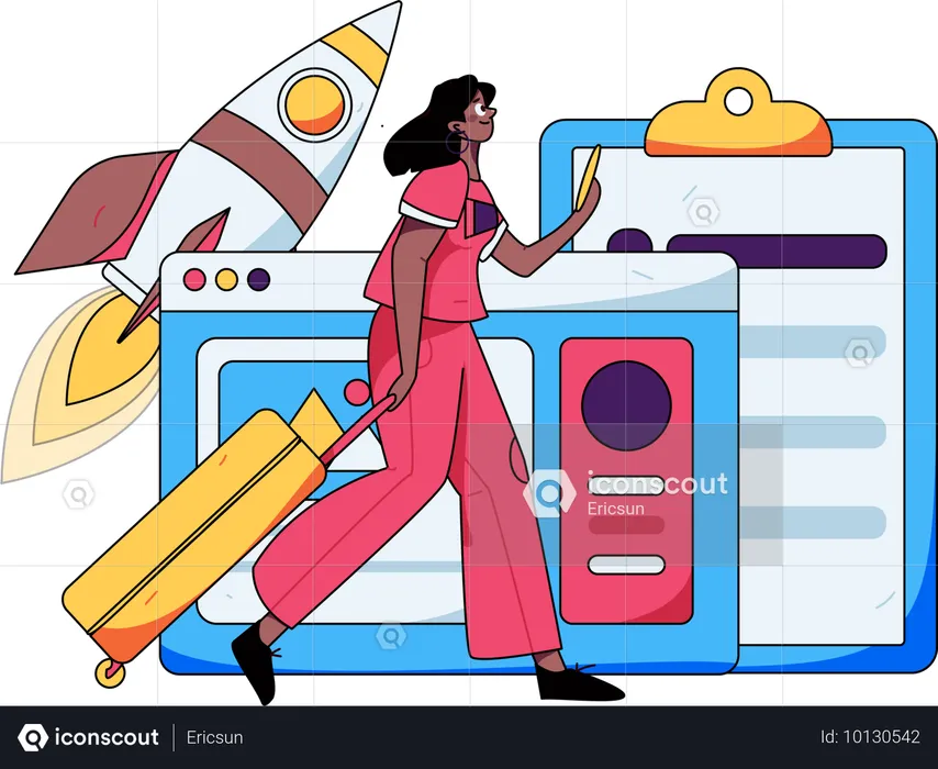 Girl going for business trip while checking business analysis using mobile  Illustration