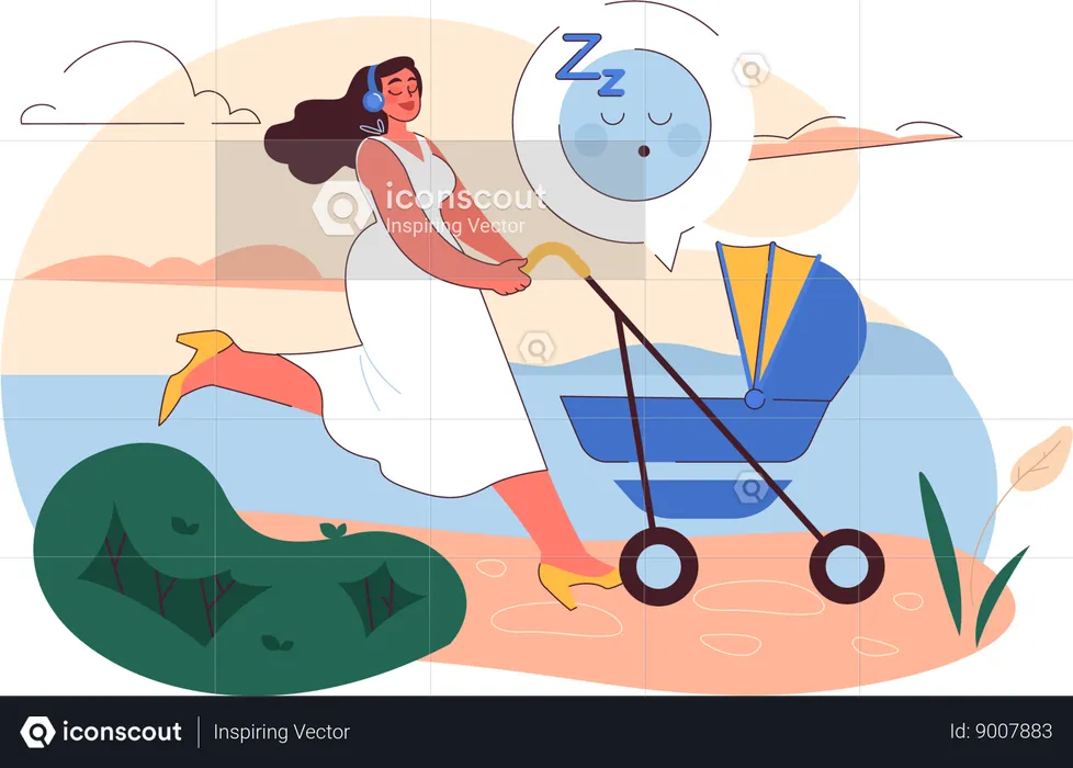 Girl going out with baby stroller  Illustration