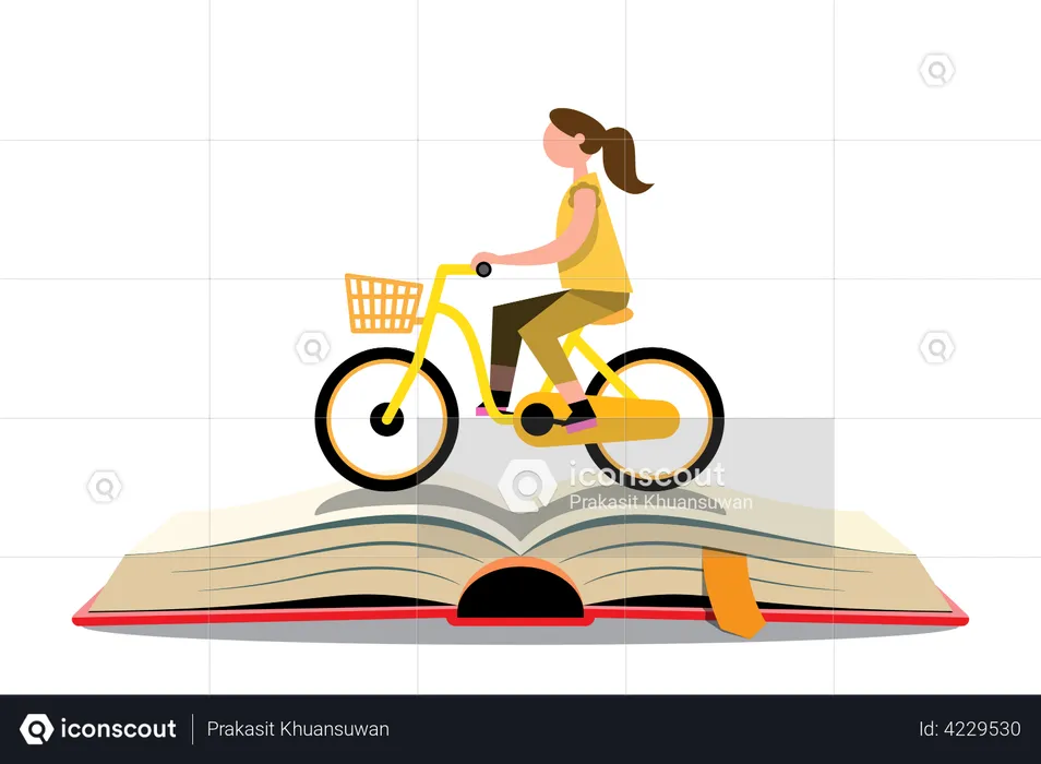 Girl going to school by riding bicycle  Illustration
