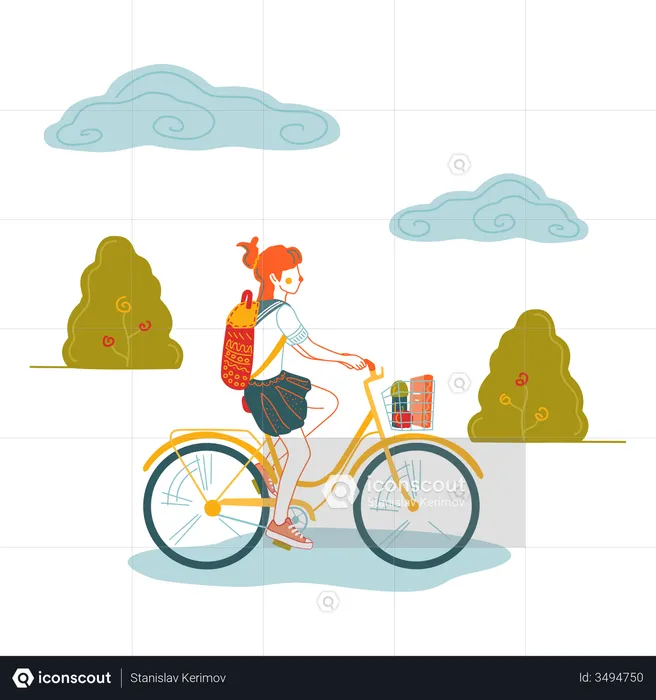Girl going to school on bicycle  Illustration