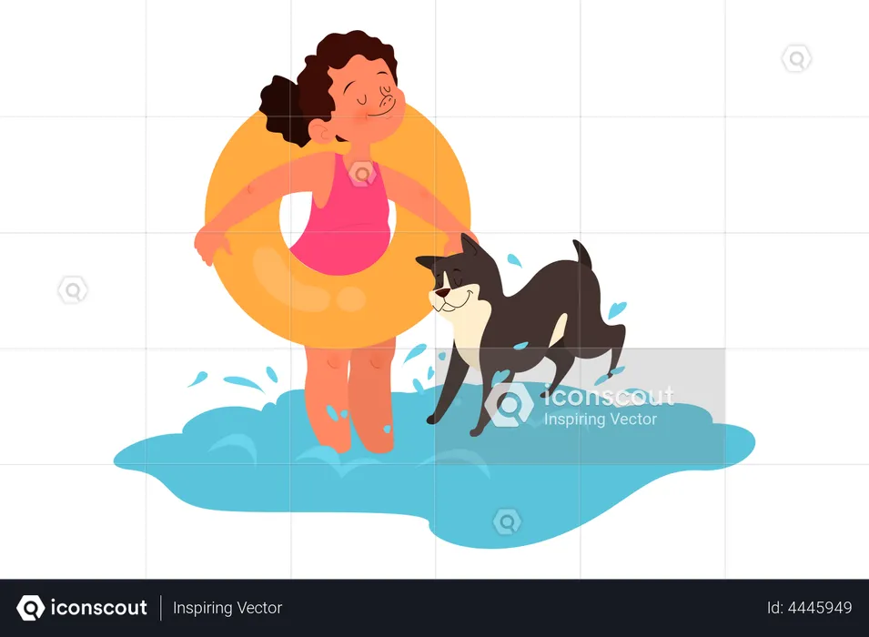 Girl going to swimming with pet dog  Illustration