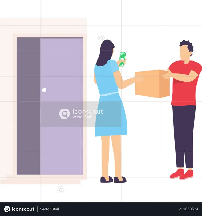Girl handing over cash to delivery executive  Illustration