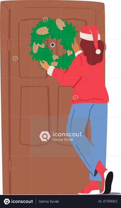 Girl hanging wreath on front door during christmas  Illustration