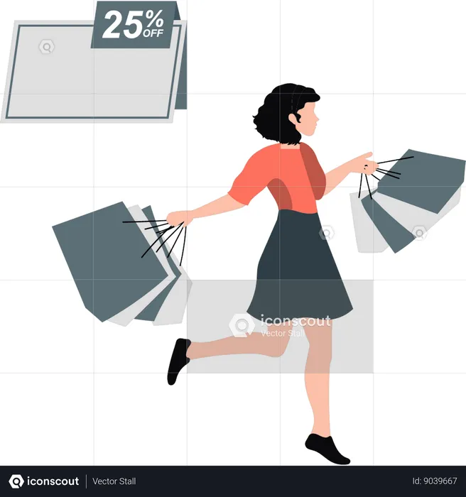 Girl happy after shopping at 50 percentage off  Illustration