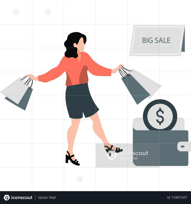 Girl happy for big shopping sale  Illustration