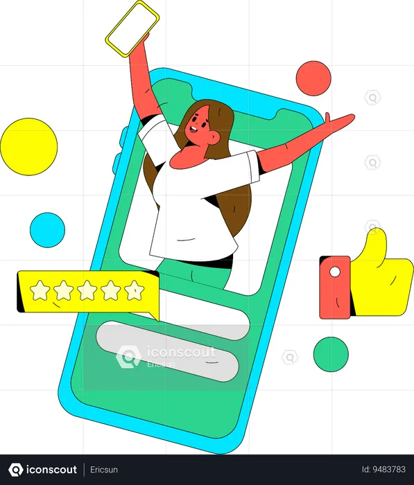 Girl happy for five stars rating on social media  Illustration