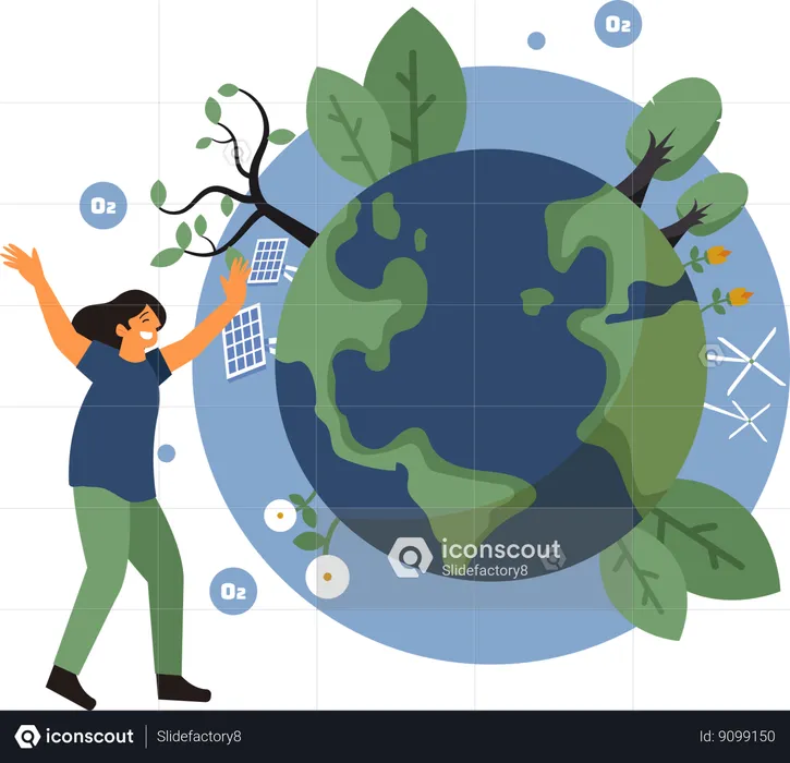 Girl happy to use renewable energy for earth  Illustration