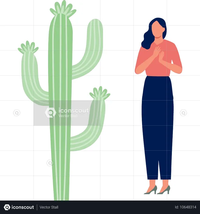 Girl happy with euphorbia lngens cactus  Illustration