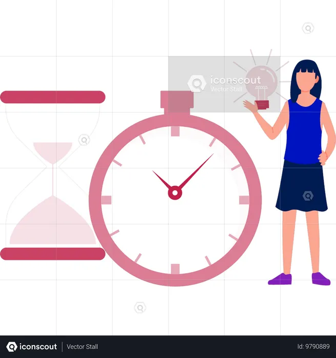 Girl has an idea for clock and sandglass  Illustration