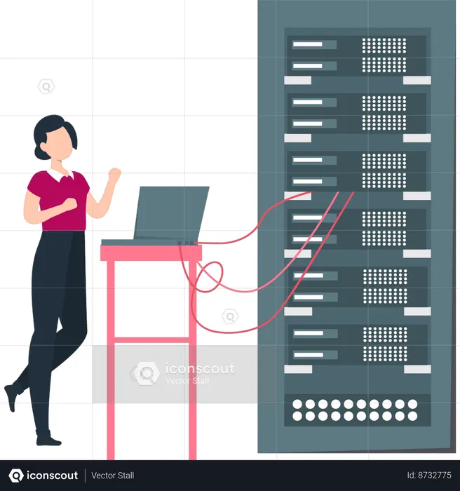 Girl has connected the database servers to laptop  Illustration