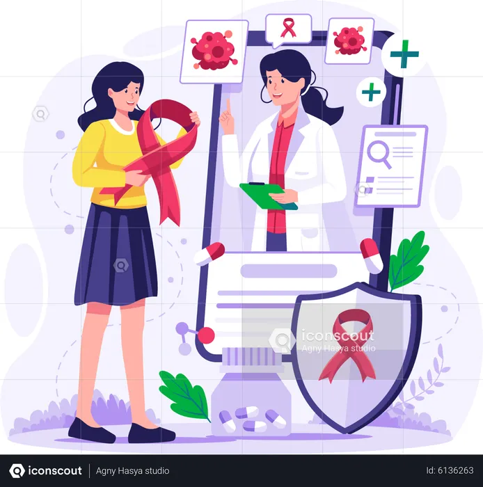 Girl having an online consultation with a doctor regarding cancer treatment  Illustration