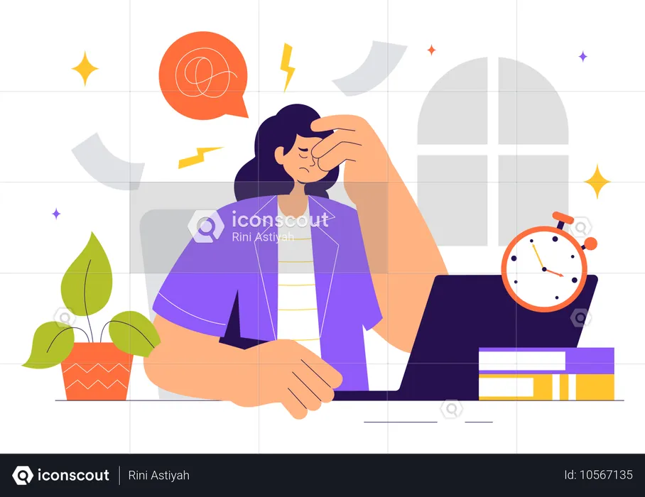 Girl having migraine problem during work  Illustration